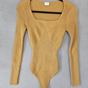 Abercrombie & Fitch Womens Small Y2K Bodysuit Sweater Squareneck Ribbed Gold